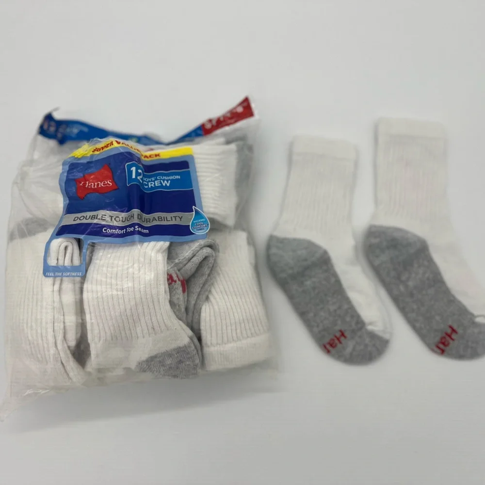 HANES BOY'S CREW SOCKS WHITE 10 PACK SHOE SIZE 4.5-8.5